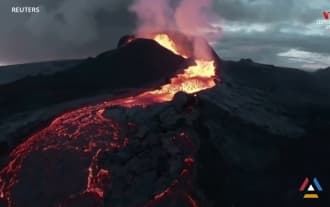 Drone footage with lava stream from Icelandic volcano